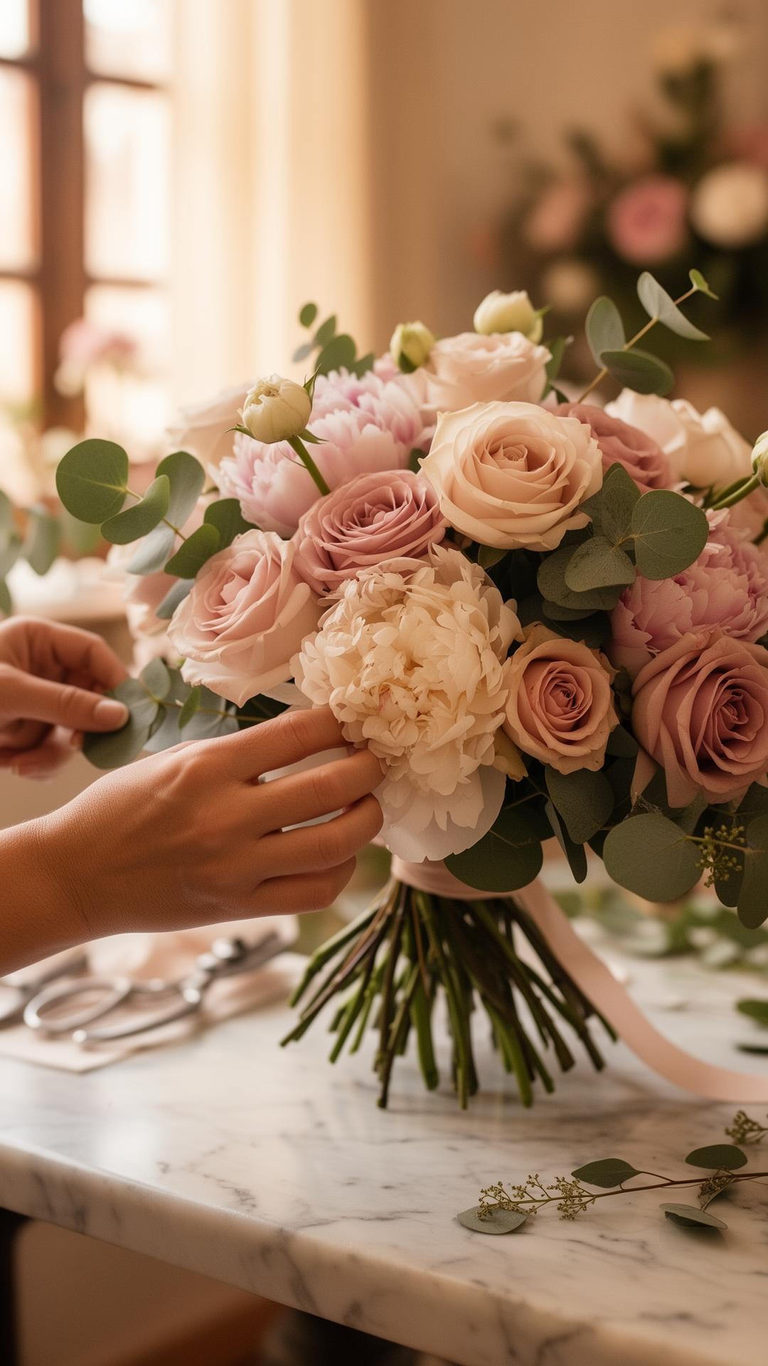 Manos de florista artesana en Guanajuato armando un ramo de rosas y peonías sobre mármol — Florería López