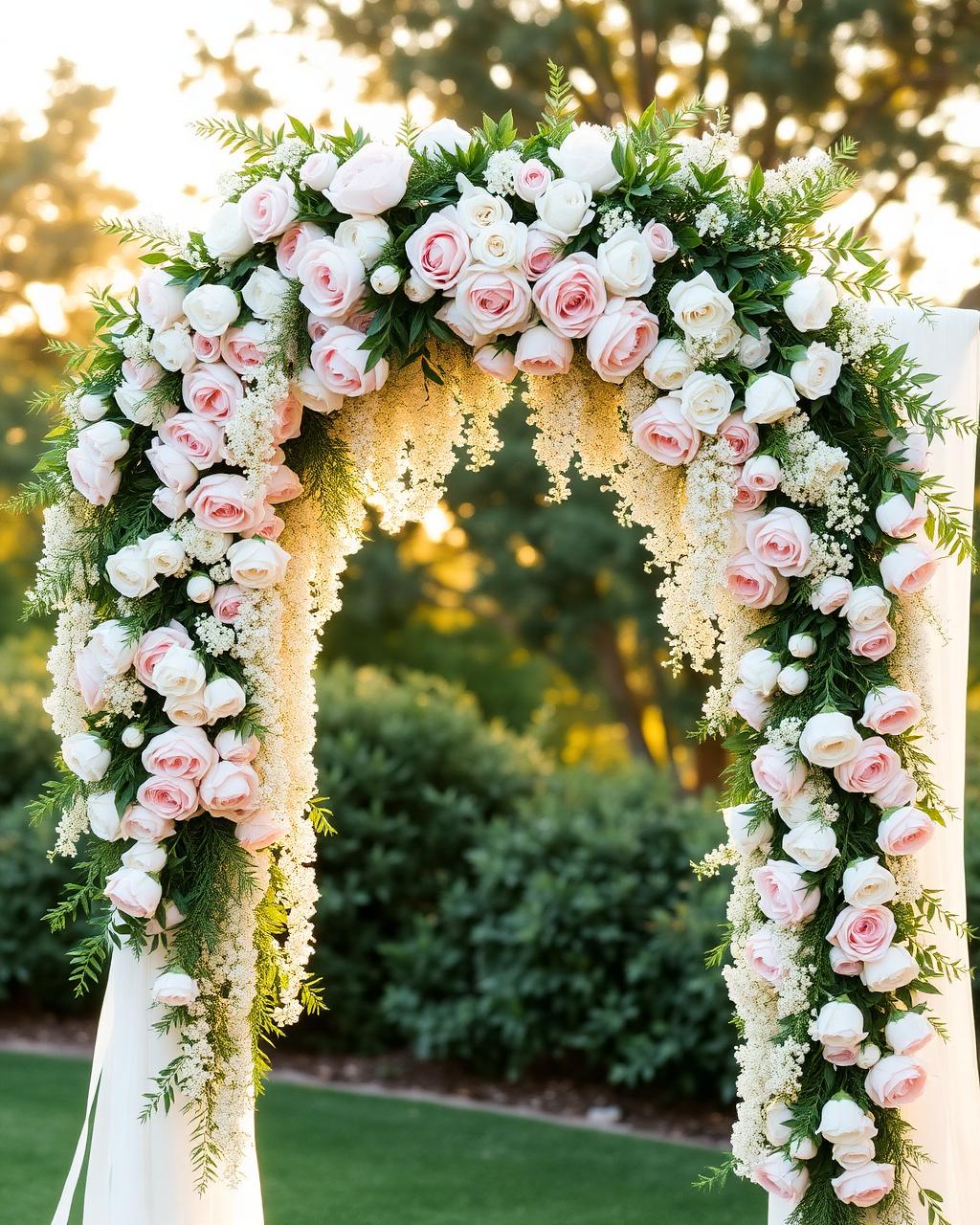 Arco floral romántico con rosas rosadas y blancas para boda