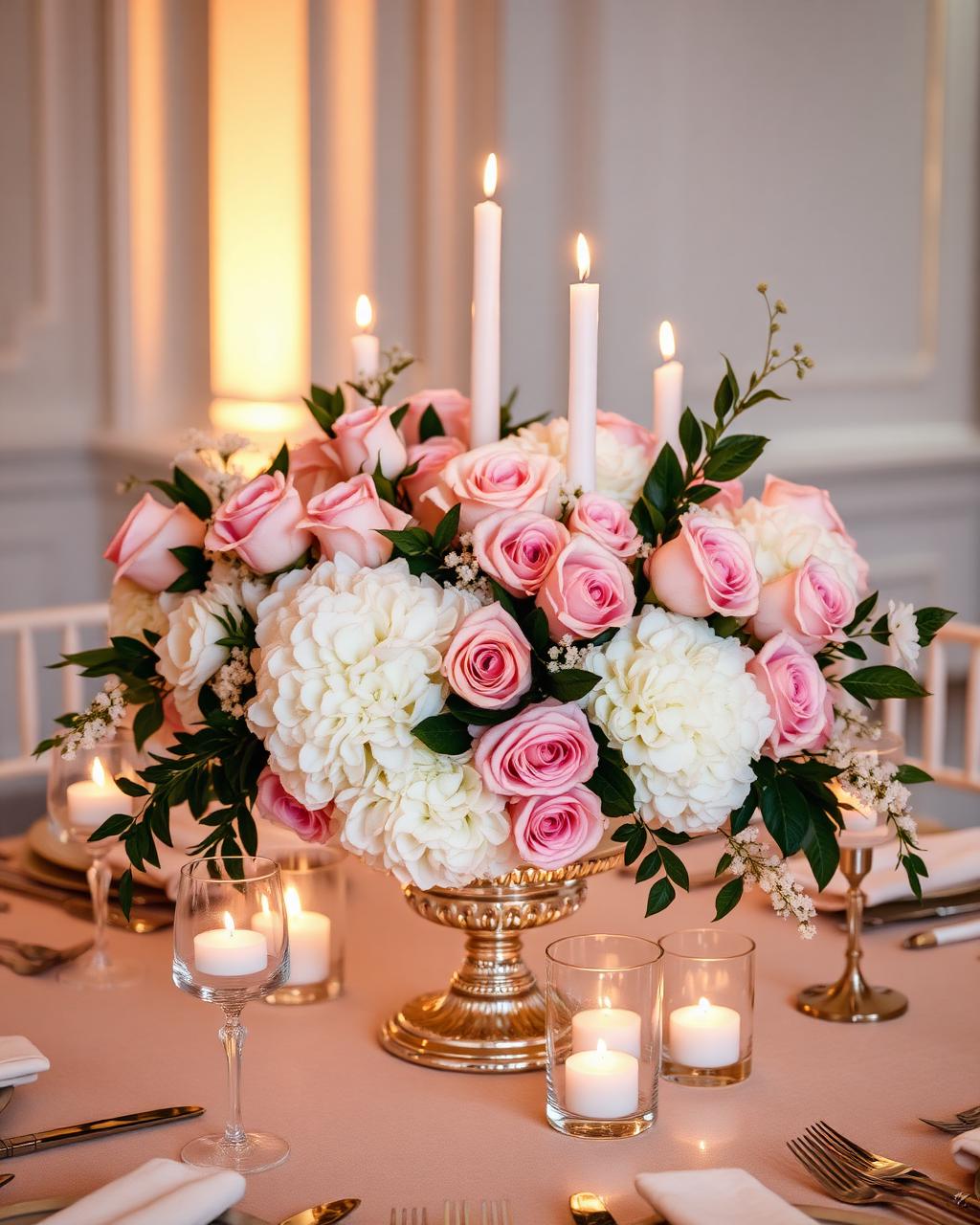 Centro de mesa elegante para XV años con velas