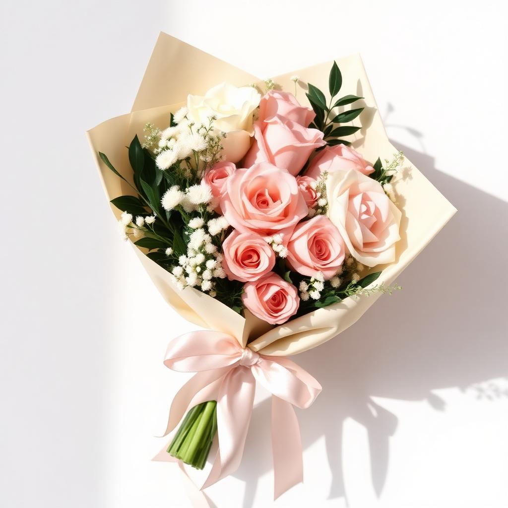 Ramo de regalo envuelto en papel crema con listón rosa