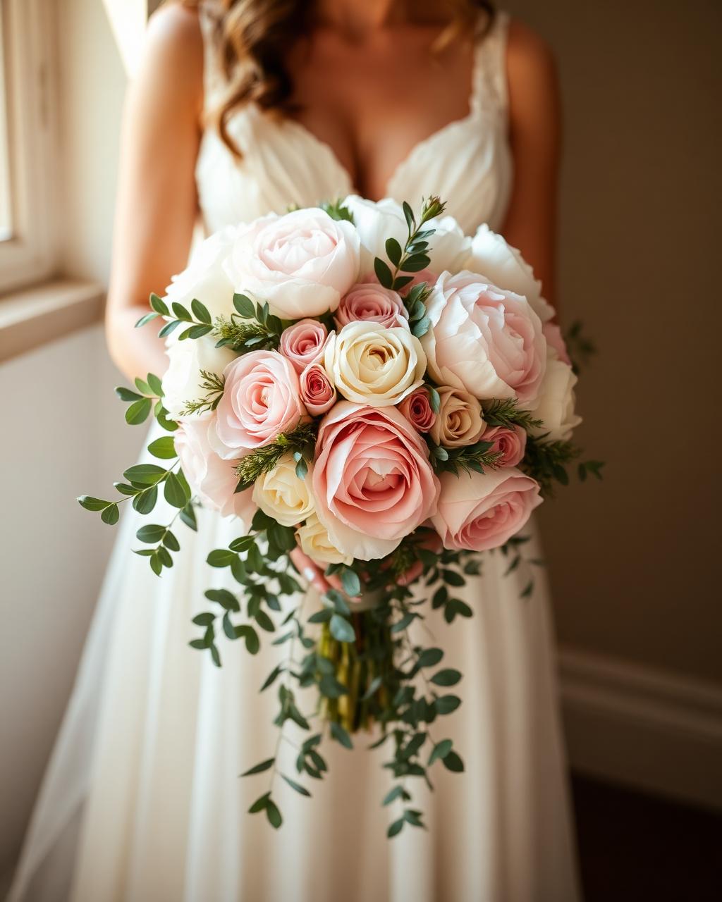 Ramo de novia cascada con rosas blush y eucalipto