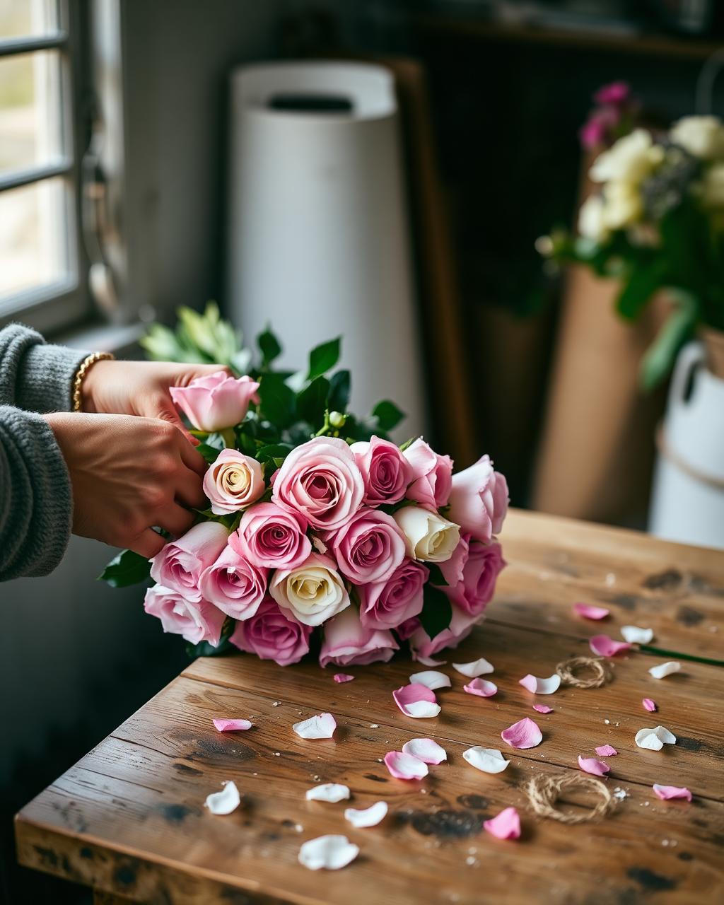 Florista arreglando rosas rosas y blancas en su taller
