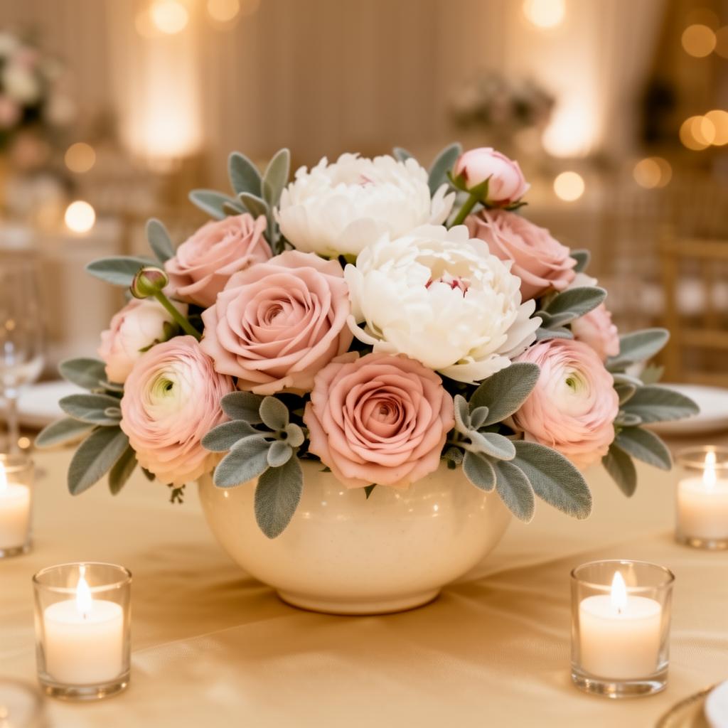 Centro de mesa para XV años con rosas blush, peonías blancas y salvia