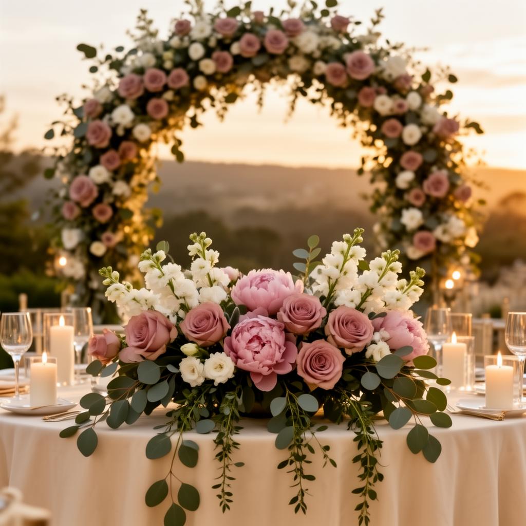 Arco floral y centro de mesa de boda con peonías y rosas en tonos rosa polvo
